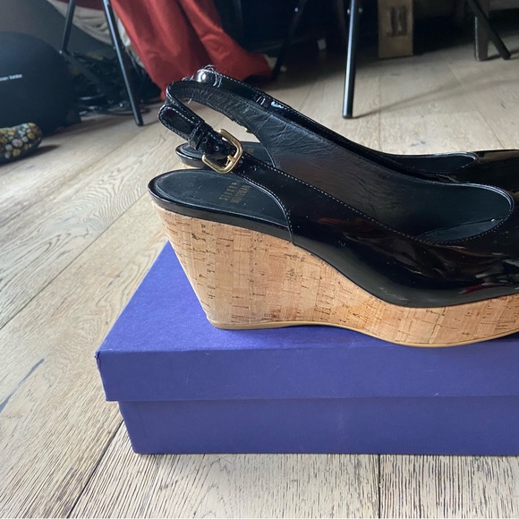 Stuart Weizman, black, patent leather wedge heels.